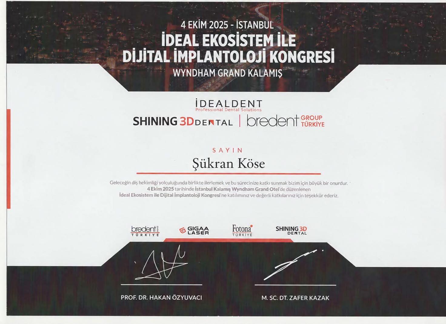 İdeal Ekosistem ile Dijital İmplantoloji Kongresi Katılım Belgesi